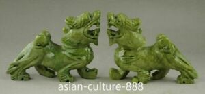 Exquisite Chinese Hand Carved Natural Green Jade Dragon Pixiu Beast Statue Pair