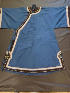 Antique 19th C Chinese Blue Silk Damask Robe W Braid Edging Fashioned