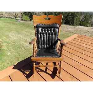 Antique Oak Childs Rocking Chair Tufted Leather Back