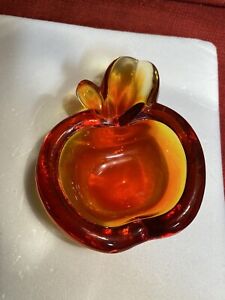 Mid Century Red Orange Art Glass Apple Candy Dish Ashtray Dish Trinket Vintage