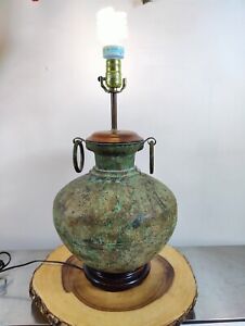 Vintage Asian Bronzed Metal Style Vessel Table Lamp No Shade