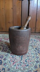 Antique Early Primitive Country Wood Mortar Pestle Old Red Paint 7 