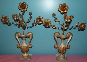 Antique Pair Italian Tole Gilt Wood Painted Urns W Gilt Metal Floral Portapalme