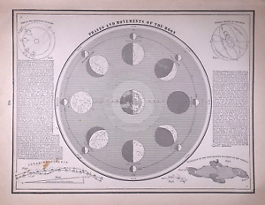 Old 1892 Chart Phases Of The Moon Authentic Atlas Map 11x14 P261