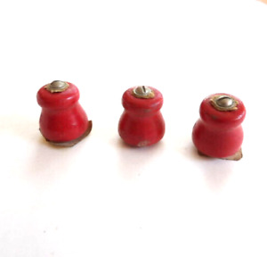 Nos 3 Old Drawer Knobs Cabinet Door Pulls Red Paint Wood Vintage Replacement