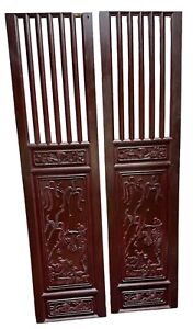 Zz Chinese Asian Pair Of Hardwood Panels Screen Doors Handmade Carved Wall Decor