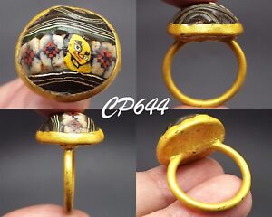 Wonderful Roman Art Faces Checker Glass Islamic Gold Plated Ring 9 Us Cp644