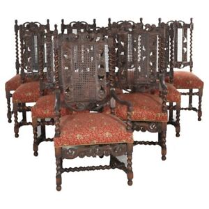 Ten Antique Elizabethan Jacobean Style Carved Oak Cane Back Chairs C1900