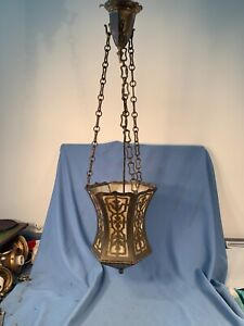 Antique Vintage Arts Crafts Brass Slag Glass Hanging Light Fixture Deco Nouveau