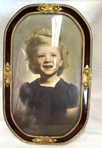 Antique Large Convex Bubble Glass Metal Picture Frame Young Blonde Girl 15 
