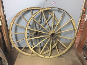 2 Antique Yellow 50 Inch Wood Wagon Buggy Wheels