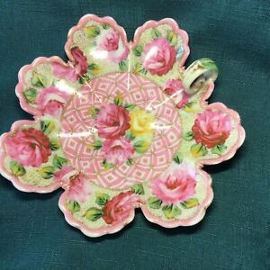 Pretty Nippon Porcelain Cabbage Roses Hand Painted Candy Dish Pinks Greens