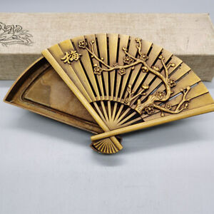 6 4inch Ink Box Decor Chinese Brass Hand Carved Plum Blossom Pattern Fan Statues