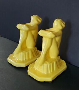 Rare Original 1920 Art Deco Nude Nymph Frankart Yellow Ceramic Set Candle Holder