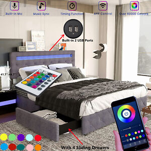 Queen Bed Frame With Led Lights 4 Storage Drawers Usb Ports Adjustable Headboard