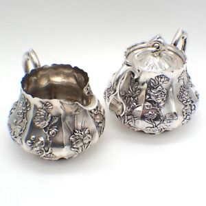 Floral Design Creamer And Sugar Bowl Set Chinese Export Silver Sing Fat
