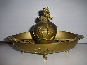 Great Antique Chinese Bronze Footed Inkstand Inkwell Lid With Foo Dog Lion