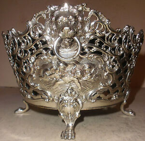 Rare Antique German 800 Silver Centerpiece Basket Cherub Putti Angel Lion Handle