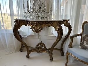 1800s Louis Xv Baroque Carved Gilt Wood Marble Table French Large Scale Console