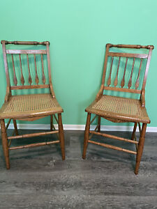 Antique Early Carved Back Solid Wood Cane Seat Bottom Chair Spindle Lower Braces