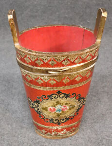 Tall Florentine Paint Decorated Gilded Italian Waste Paper Basket Trash Can
