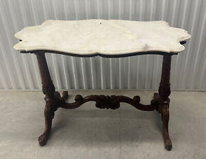 Antique Victorian Carved Mahogany Marble Turtle Top Parlor Foyer Console Table