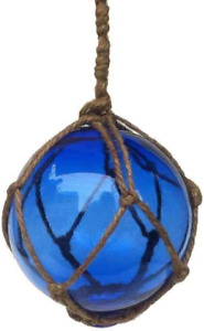 Hampton Nautical Blue Japanese Glass Ball Fishing Float With Brown Netting Decor