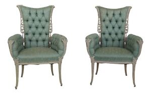 51278ec Pair Vintage French Highly Carved Tufted Upholstered Fireside Chairs