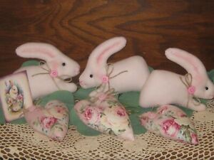 Cottage Decor 3 Rabbits 3 Rose Hearts Bowl Fillers Handmade Vintage Look Easter