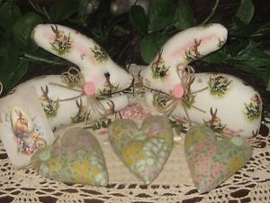 Green Cottage Decor 2 Rabbits 3 Hearts Bowl Fillers Handmade Easter Accents