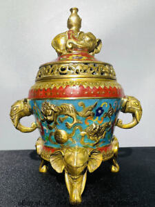 11 2 China Cloisonne Enamel Copper Gilt Dynasty Fu Elephant Incense Burner