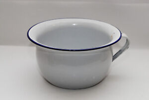 Vintage White Enamelware Blue Trim Chamber Pot Mcm