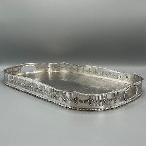 Large Vintage Silver Plated Butler Serving Tray Handles Deep Gallery Viners