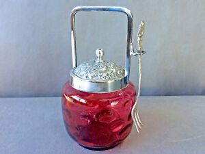 Antique Pickle Jar Castor Cranberry Glass Inverted Coin Dot Silver Plate