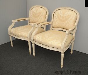 Pair Vintage French Country Off White Bergere Accent Chairs W Decorative Nails