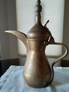 Antique Middle Eastern Dallah Coffee Pot Marked Brass Copper 14 Height