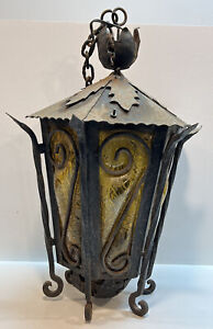 Antique Spanish Gothic Wrought Iron Yellow Wavy Blown Glass Hanging Lamp
