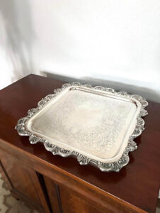Vintage Large Silverplate Ornate Footed Square Tray By Poole Co 814