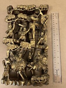 Antique Chinese 3d Carved Wood Panel Warriors Scene Gold Gilt