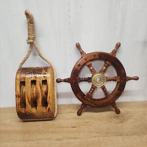 Nautical Set Wood Captains Ship Wheel Pulley Decor Boat Sea Shore Pirate