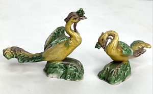 Pair Antique Chinese Porcelain Phoenix Bird Figures Three Color Glazed Statues