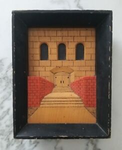 Antique Vintage Castle Bricks Folk Art Wood Carving Pyrography Diorama Picture