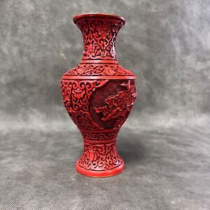 Repro Cinnabar Style Vase Red Laquerware 8 Deeply Carved Design Enamel Metal