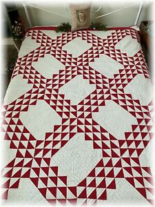 Antique Vintage Ocean Waves Quilt Hand Stitched 80 X 84 Red White Christmas