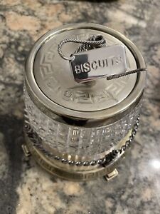 Greek Key Footed Chased English Silver On Brass Tea Caddy Biscuit Barrel Jar