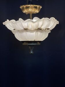 Vintage Art Deco Nouveau Semi Flush Mount Chandelier Brass Lalique Style 14 
