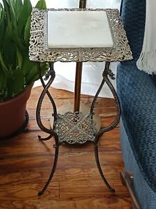Bradley Hubbard Style Antique Brass And Marble Top Insert Figural Plant Stand