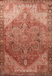 Vintage Geometric Red Wool Heriz Dining Room Rug 10x13 Hand Knotted Carpet