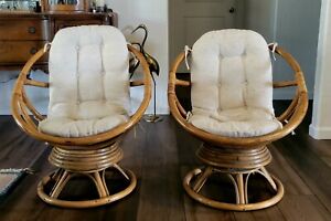 2 Mid Century Modern Bent Bamboo Chairs Pair Cushions Swivel Rocking Base Nice