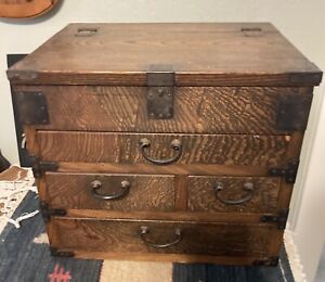 Vintage Japanese Wooden With Iron Hardware Calligraphy Tansu Chest Nice 